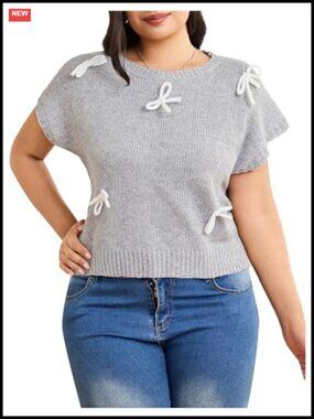 Plus Size Bow Knit Sweater Pullover Dolman Sleeve Crew Neck Top